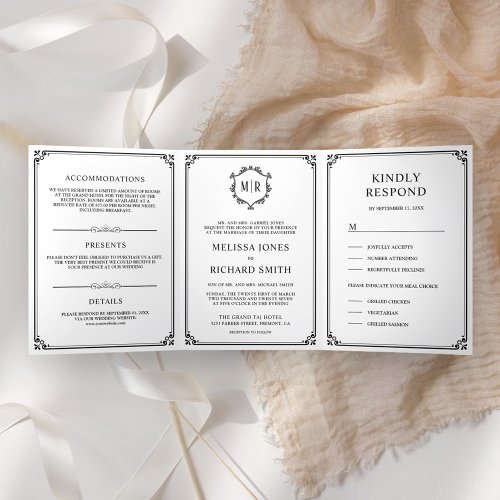 Elegant Classic Black and White Monogram Wedding Tri_Fold Invitation