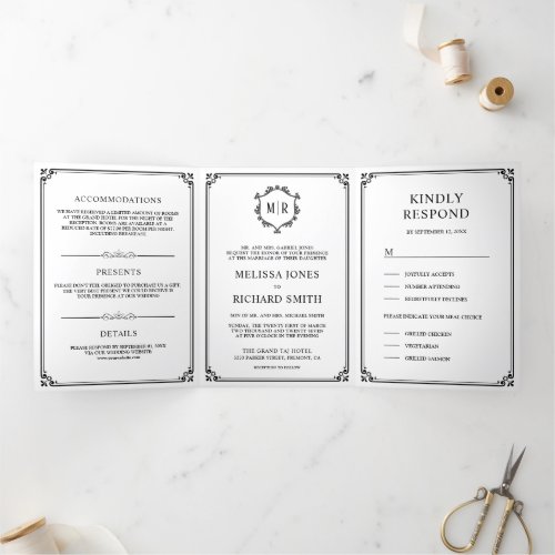 Elegant Classic Black and White Monogram Wedding Tri_Fold Invitation