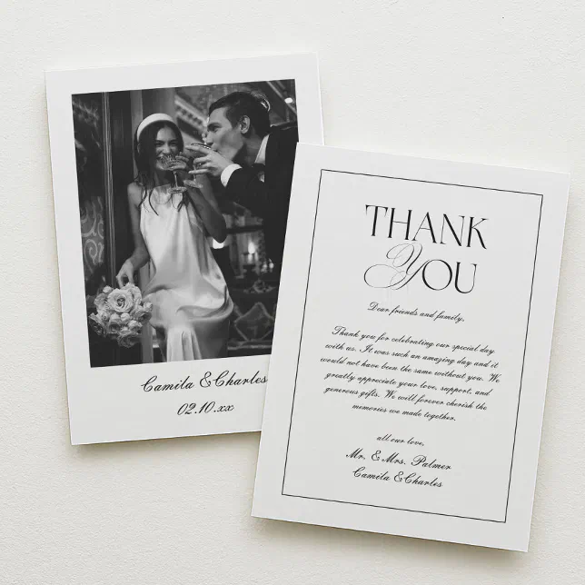 Elegant Classic Black and White Wedding Photo Thank You Card | Zazzle