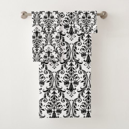 Elegant Classic Black Floral Damask On White Bath Towel Set