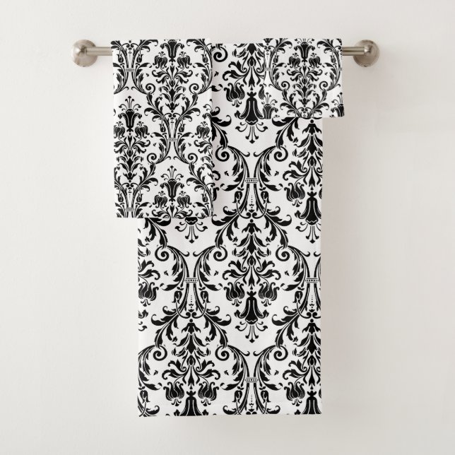 Elegant Classic Black Floral Damask On White Bath Towel Set (Insitu)