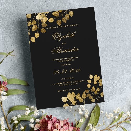 Elegant classic black gold eucalyptus wedding  invitation