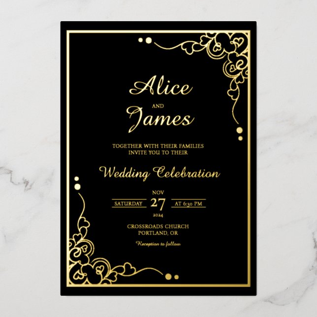 Elegant Classic Black Gold Foil Wedding Invitation (Front)