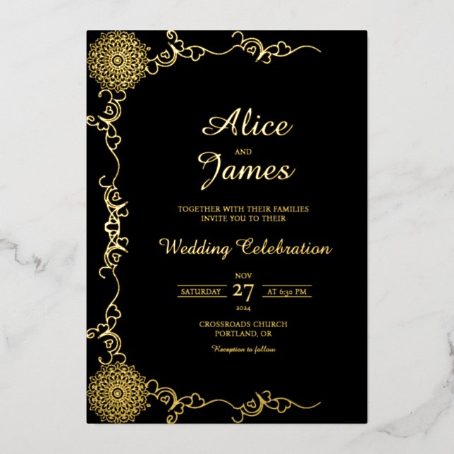 Elegant Classic Black Gold Foil Wedding Invitation (Front)