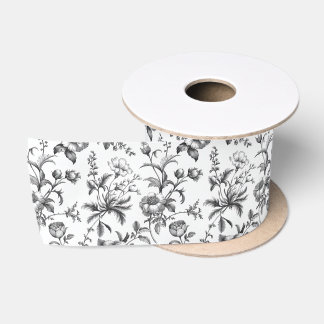 Elegant Classic Black Grandmillennial Toile Floral Satin Ribbon