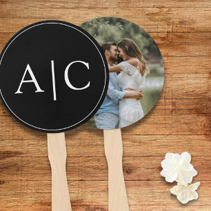 Elegant Classic Black Monogram Couple Photo Hand Fan