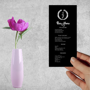 Elegant Classic Black Monogram Wreath Dinner Menu