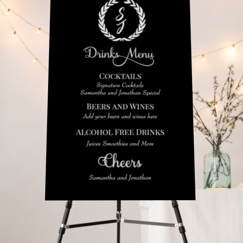 Elegant Classic Black Monogram Wreath Drinks Menu Foam Board