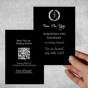 Elegant Classic Black Monogram Wreath Save Date Invitation