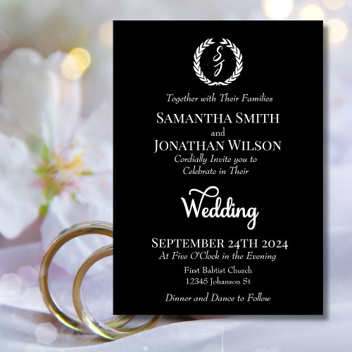 Elegant Classic Black Monogram Wreath Wedding  Invitation