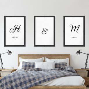 Elegant Classic Black Name Initial Letter White Wall Art Sets