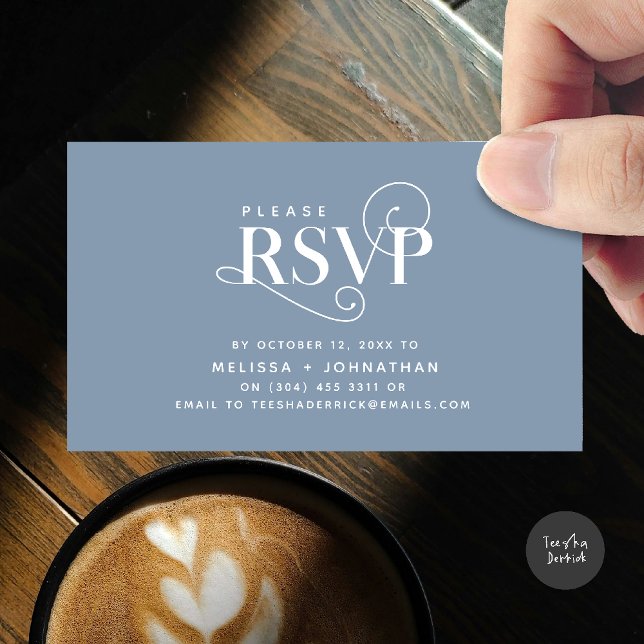 Elegant Classic, Black Script, RSVP respond Enclosure Card (Wedding invitation RSVP via Phone or email respond reminder Enclosure Card in aesthetic Dusty Blue)