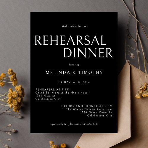 Elegant Classic Black Tie Wedding Rehearsal Dinner Invitation