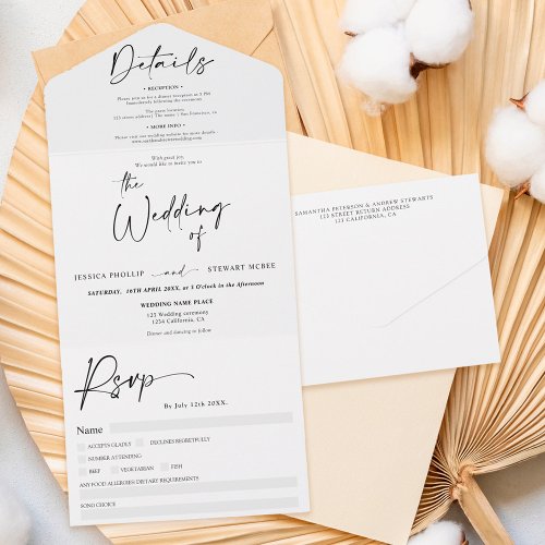 Elegant classic black white calligraphy wedding all in one invitation