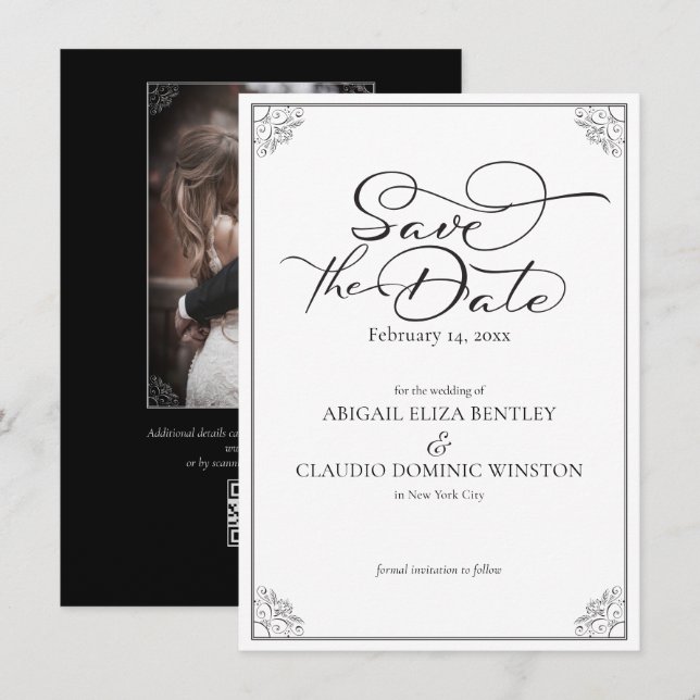 Elegant Classic Black & White Calligraphy Wedding Save The Date (Front/Back)