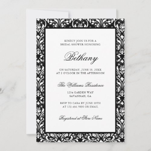 Elegant Classic Black White Damask Bridal Shower Invitation