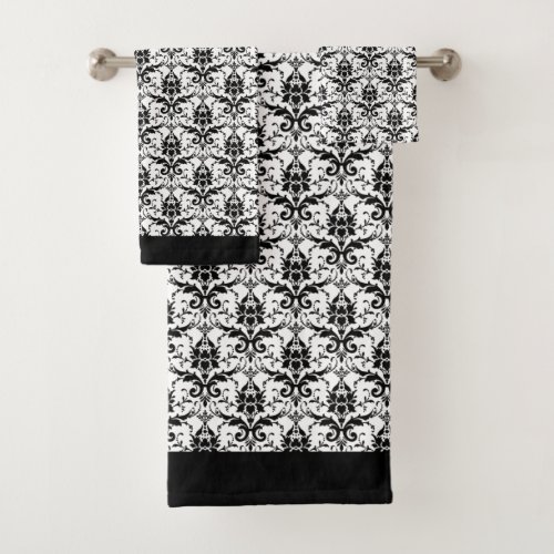 Elegant Classic Black White Damask Floral Pattern Bath Towel Set