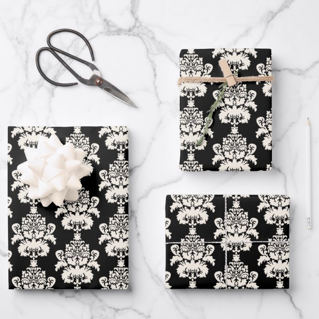 Elegant Classic Black White Damask Wrapping Paper Sheets (Front)
