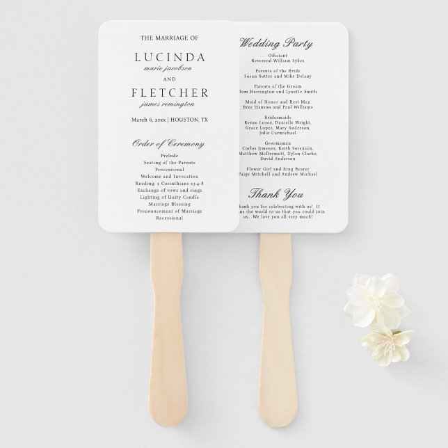 Elegant Classic Black White Formal Wedding Program Hand Fan (Front and Back)