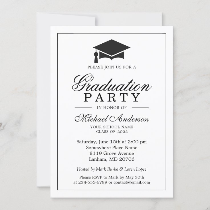 Elegant Classic Black White Graduation Party Invitation 