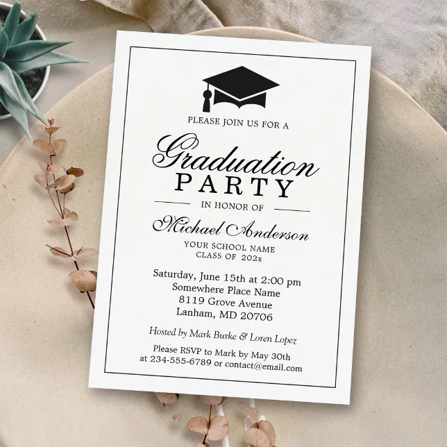 Elegant Classic Black White Graduation Party Invitation | Zazzle