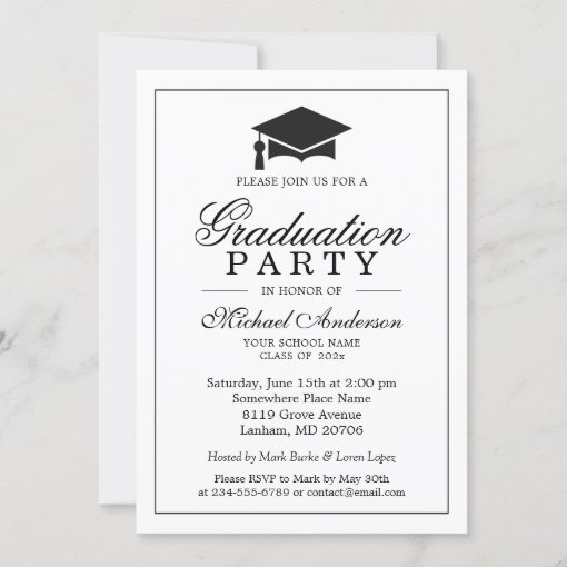 Elegant Classic Black White Graduation Party Invitation | Zazzle