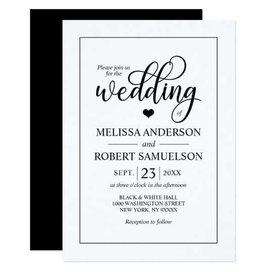 Elegant Classic Black White Heart Script Wedding Invitation