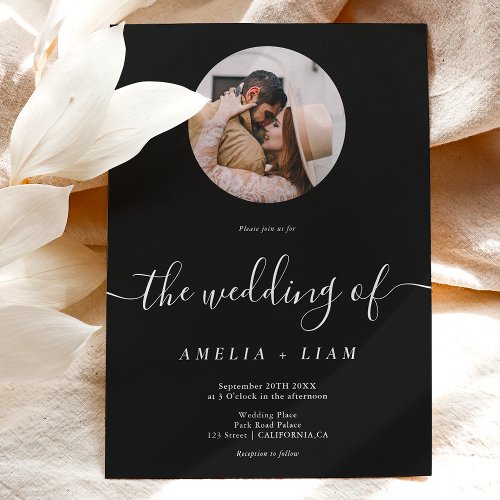 Elegant classic black white photo script wedding invitation