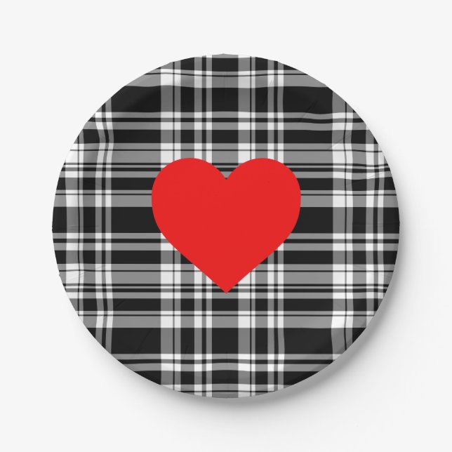 Elegant classic Black White plaid red heart detail Paper Plates (Front)