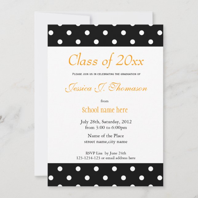 Elegant, classic black white polka dots graduation invitation (Front)