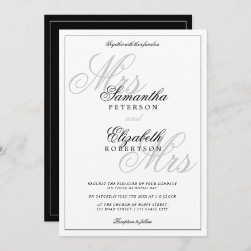Elegant classic black white script lesbian wedding invitation
