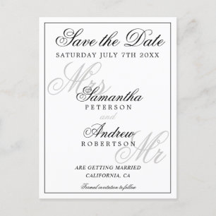Elegant classic black white script save the date announcement postcard
