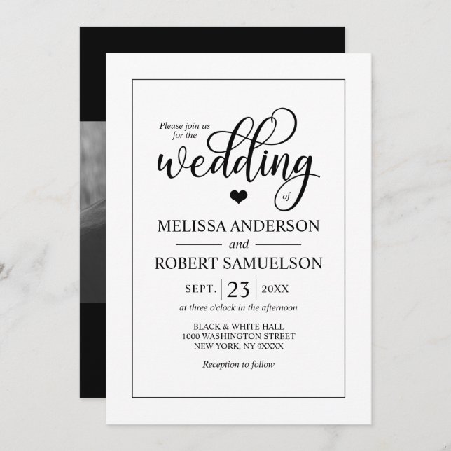 Elegant Classic Black White Script Wedding PHOTO Invitation (Front/Back)