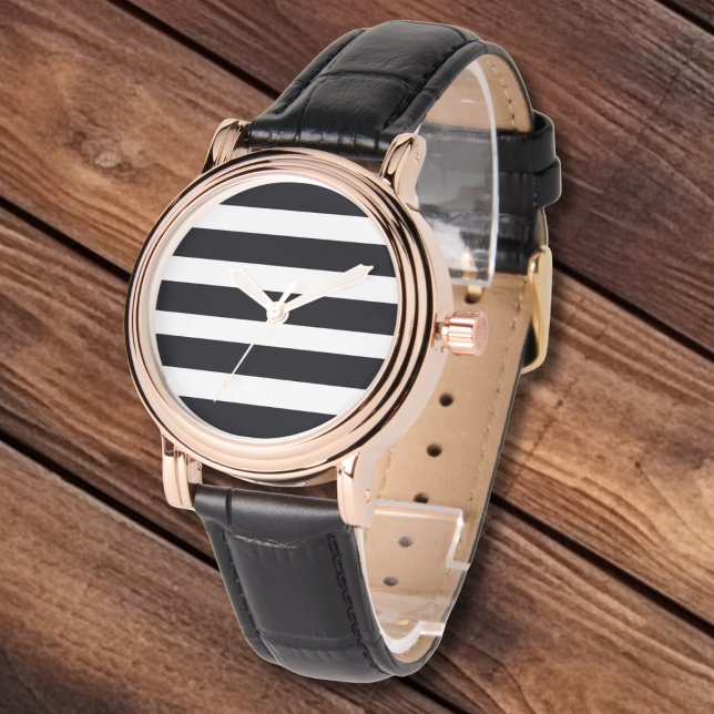 Elegant Classic Black White Stripes Leather & Gold Watch (Elegant Classic Black and White Stripes Leather Straps and Gold Face Watch for Women.)