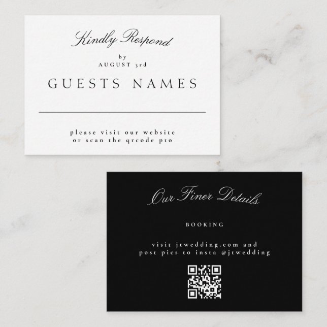 Elegant Classic Black & White Wedding QR CODE RSVP Note Card (Front/Back)