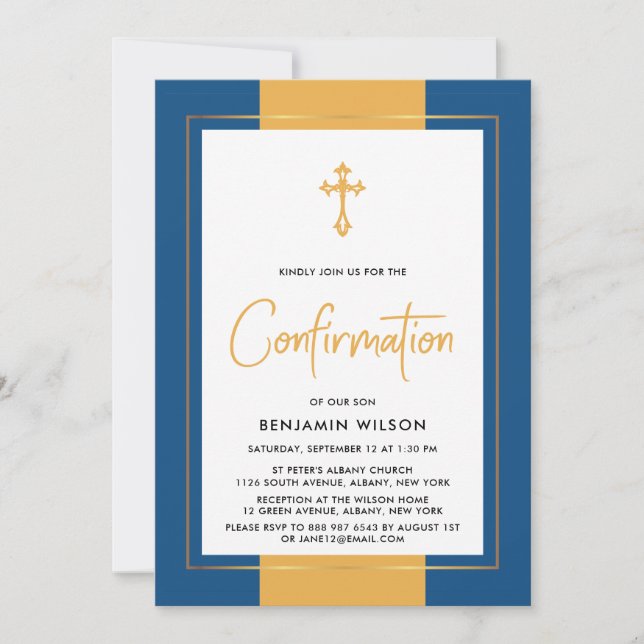 Elegant Classic Blue And Gold Confirmation Invitation (Front)