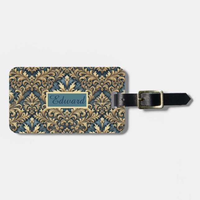 Elegant classic blue and gold personalized luggage tag (Front Horizontal)