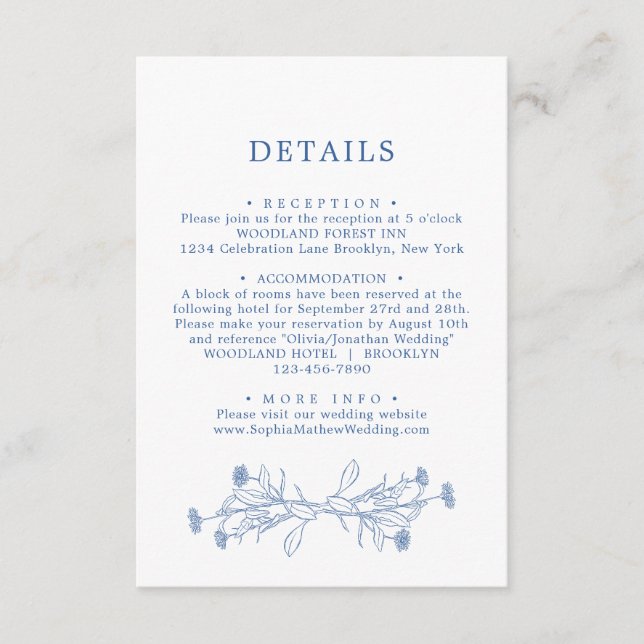 Elegant Classic Blue Floral Wedding Details Enclosure Card (Front)