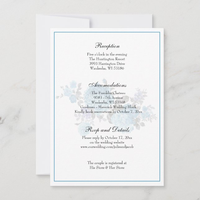 Elegant Classic Blue Floral Wedding Reception Invitation (Front)