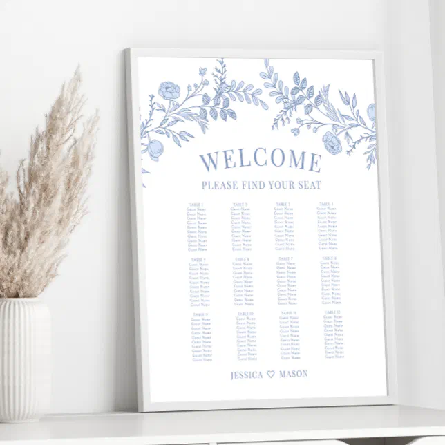 Elegant classic blue floral wedding seating chart | Zazzle