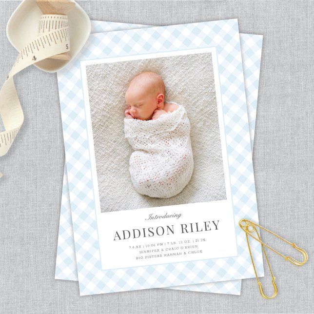 Elegant Classic Blue Gingham Baby Boy Birth Announcement (Creator Uploaded)