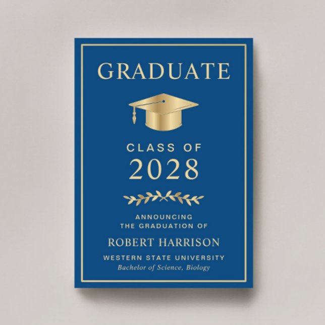 Elegant Classic Blue Gold Graduation Announcement (Creator Uploaded)