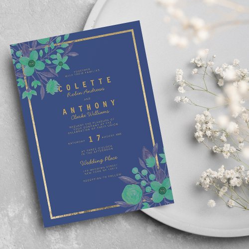 Elegant Classic Blue Green Gold Floral Wedding Invitation