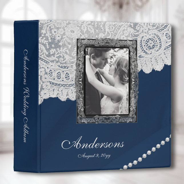 Elegant Classic Blue Photo Wedding Album 3 Ring Binder (Creator Uploaded)