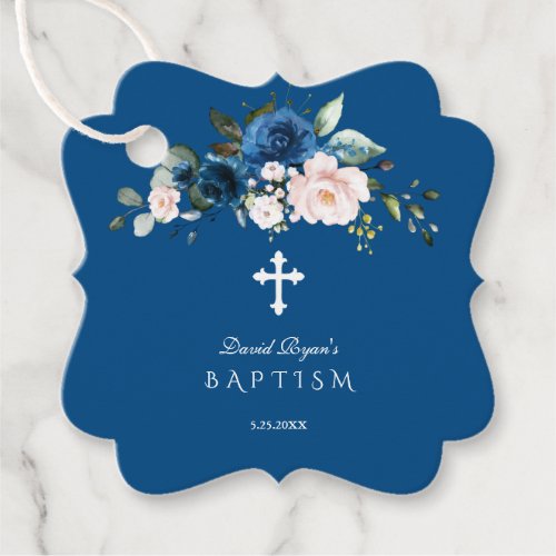 Elegant Classic Blue Pink Floral Cross Boy Baptism Favor Tags