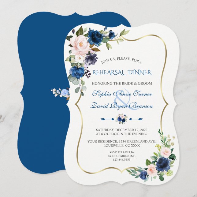 Elegant Classic Blue Pink Flowers Rehearsal Dinner Invitation (Front/Back)