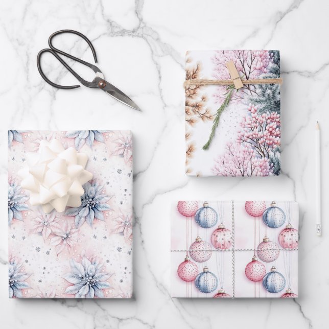 Elegant Classic Blue Pink Pastel Christmas   Wrapping Paper Sheets (Front)