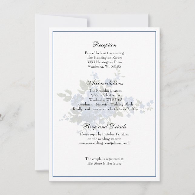 Elegant Classic Blue Roses Wedding Reception Invitation (Front)