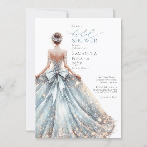 Elegant classic blue sparkles wedding gown floral invitation