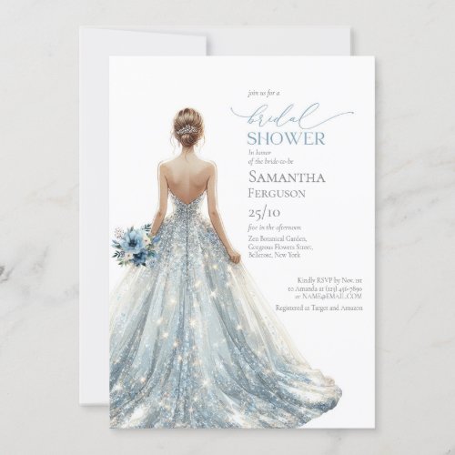 Elegant classic blue sparkles wedding gown floral invitation